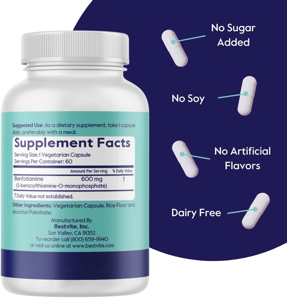 BESTVITE Ultra Benfotiamine 600mg per Capsule – Maximum Strength (60 Vegan Capsules) - görsel 3