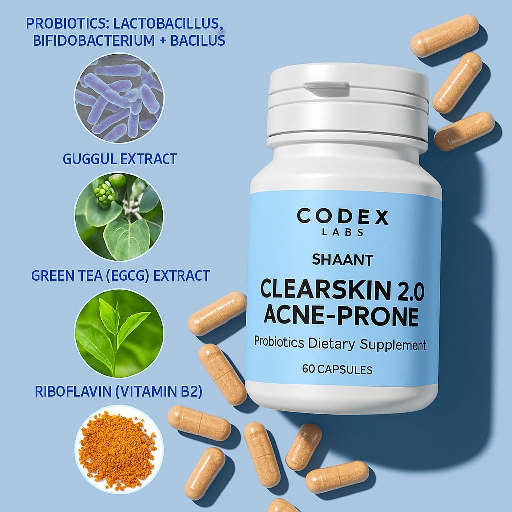 Codex Labs Shaant Clear Skin Supplement, 60 Vegan Capsules | 9-Strain Probiotic Blend with Green Tea EGCG & Guggul for Acne-Prone Skin - görsel 4