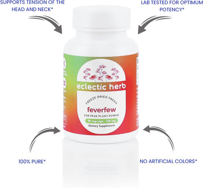 Eclectic Herb Feverfew Capsules - Freeze-Dried Fresh - Support for Head and Neck Tension - 90 Capsules, 125 mg
