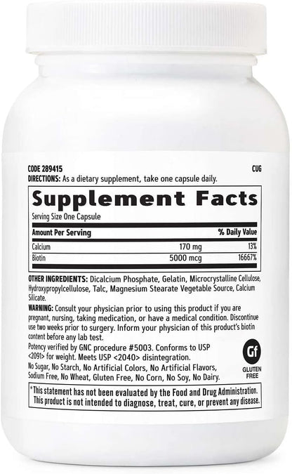 GNC Biotin 5000mcg Supplement, Supports Normal Energy Metabolism and Skin Health, 120 Capsules