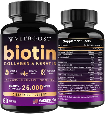 VITBOOST Biotin with Hyaluronic Acid, Collagen and Keratin – 25000 mcg Hair Support Vitamins for Men and Women – Nails and Skin, USA-made - Third Party Tested, B1, B2, B3, B6, B7 Complex - 60 Capsules