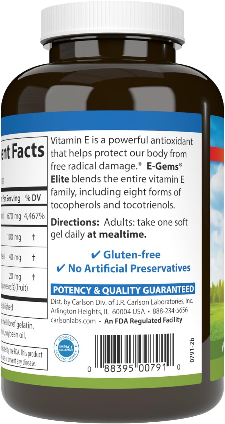 Carlson E-Gems Elite - 1000 IU Vitamin E with Mixed Tocopherols & Tocotrienols - Heart Health Support - 120 Soft Gels - görsel 3