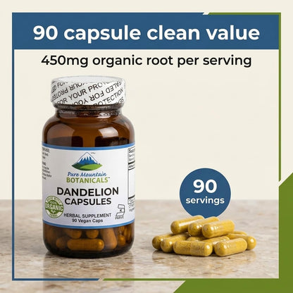 Pure Mountain Botanicals Dandelion Root Capsules – Organic 450mg, 90 Count