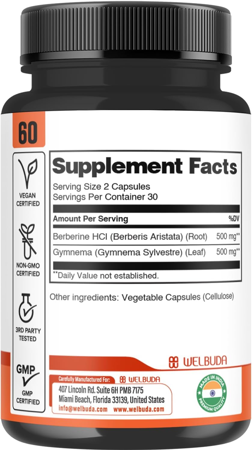 WELBUDA Berberine Food Supplement with Organic Gymnema Sylvestre Leaf - 60 Capsules - görsel 8