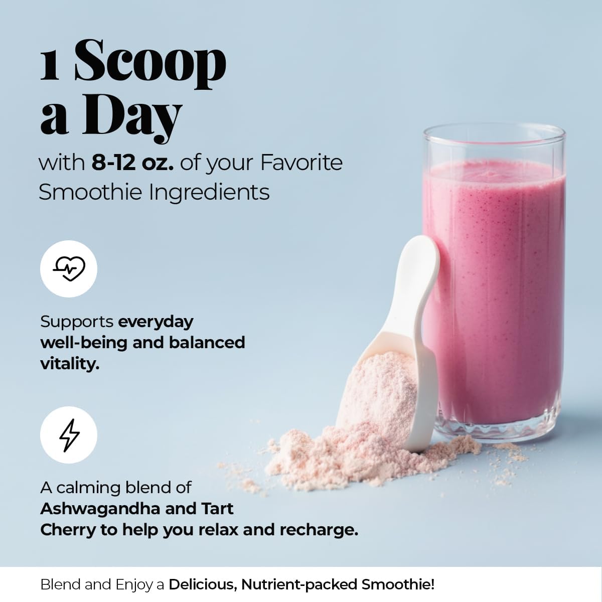 Smoothie Mix with Tart Cherry, Ashwagandha & Stevia - Drink Mix for Healthy Smoothies, Smoothie Bowls & Shakes - 30 Servings - görsel 3