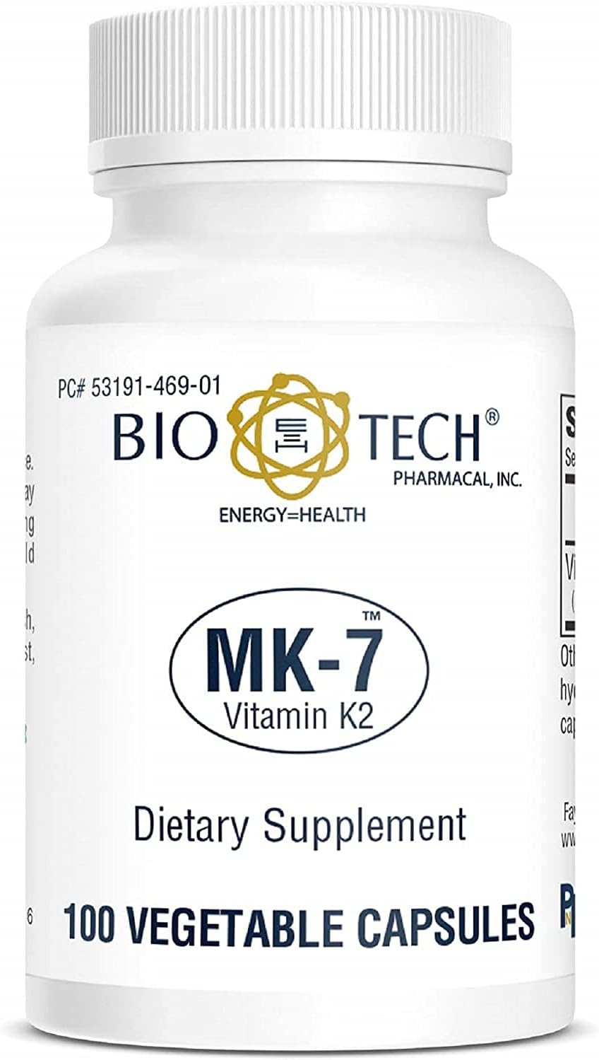 Bio-Tech Pharmacal MK-7 (Vitamin K2), 100 Vegetable Capsules – All-Natural Supplement – Supports Normal Bone Health and Blood Coagulation – Free from Dairy, Fish, Gluten, Peanut, Shellfish, GMOs, Kosher, Halal, & Soya - görsel 1