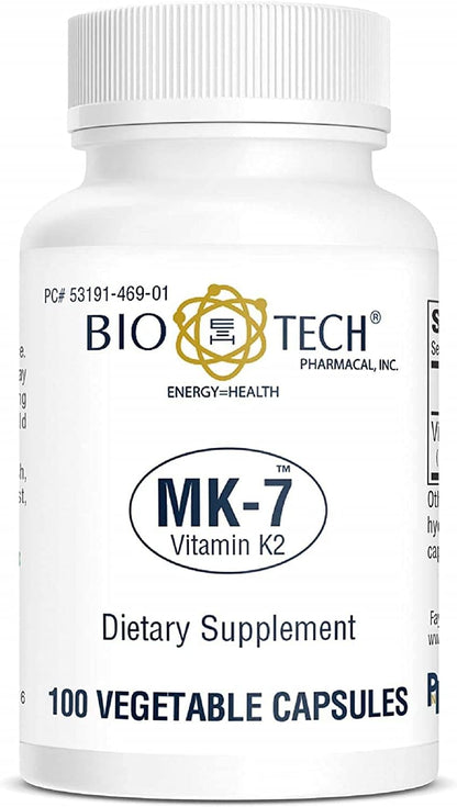 Bio-Tech Pharmacal MK-7 (Vitamin K2), 100 Vegetable Capsules – All-Natural Supplement – Supports Normal Bone Health and Blood Coagulation – Free from Dairy, Fish, Gluten, Peanut, Shellfish, GMOs, Kosher, Halal, & Soya