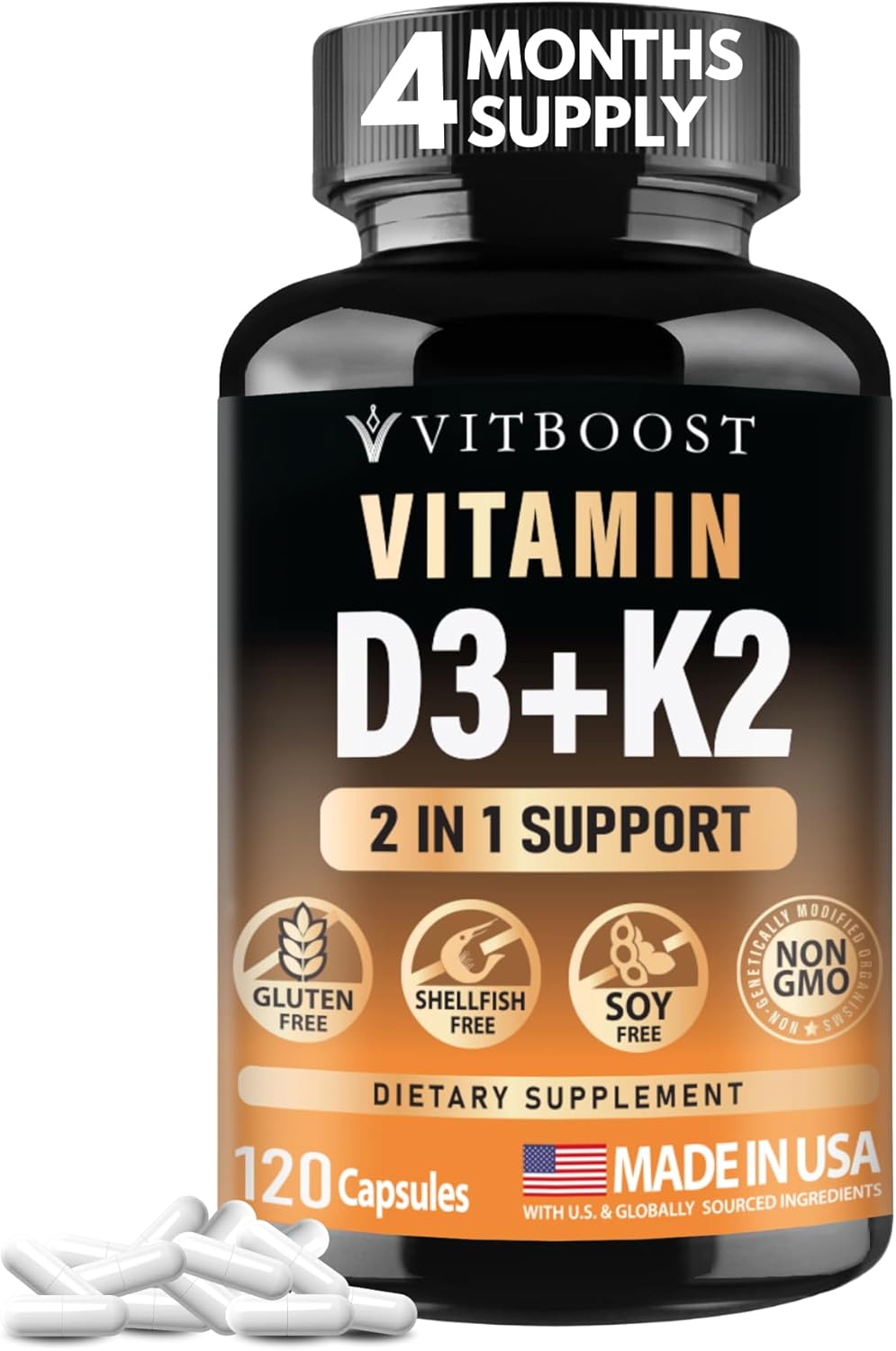 VITBOOST Vitamin D3 K2 Complex - 5000 IU D3 & 90 mcg K2 MK-7 - 120 Capsules - görsel 1