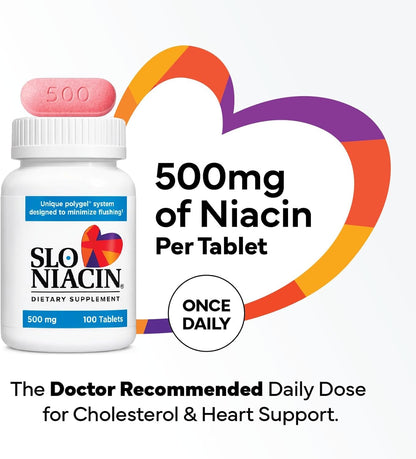 Slo-Niacin Slow Release Niacin 500mg - Vitamin B3 Food Supplement for Heart Health - Flush-free B3 Vitamins for Cholesterol & Cardiovascular Support - 100 Tablets