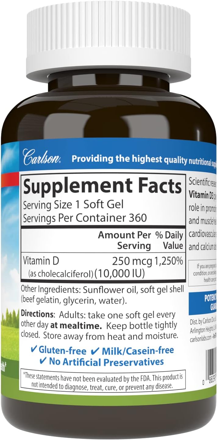 Carlson Vitamin D3 10,000 IU (250 mcg), Cholecalciferol, Bone & Immune Health, 360 Soft Gels - görsel 2