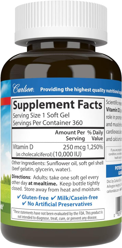 Carlson Vitamin D3 10,000 IU (250 mcg), Cholecalciferol, Bone & Immune Health, 360 Soft Gels