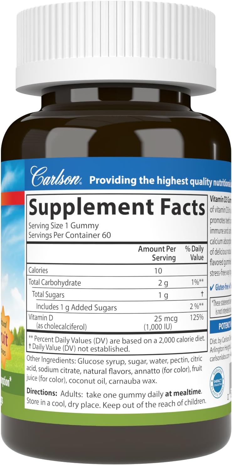 Carlson Vitamin D3 Gummies, 1000 IU (25 mcg), Natural Fruit Flavours, 60 Vegetarian Gummies - görsel 7