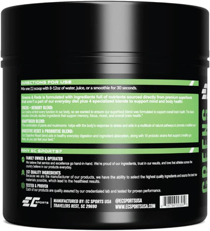 EC Sports Greens & Reds Blend Peach Berry – Superfood Supplement with Probiotics and Adaptogens (30 Servings)