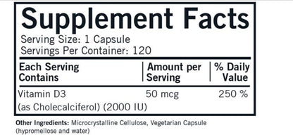 Vitamin D3 2000 IU Capsules - Hypoallergenic - 120 ct