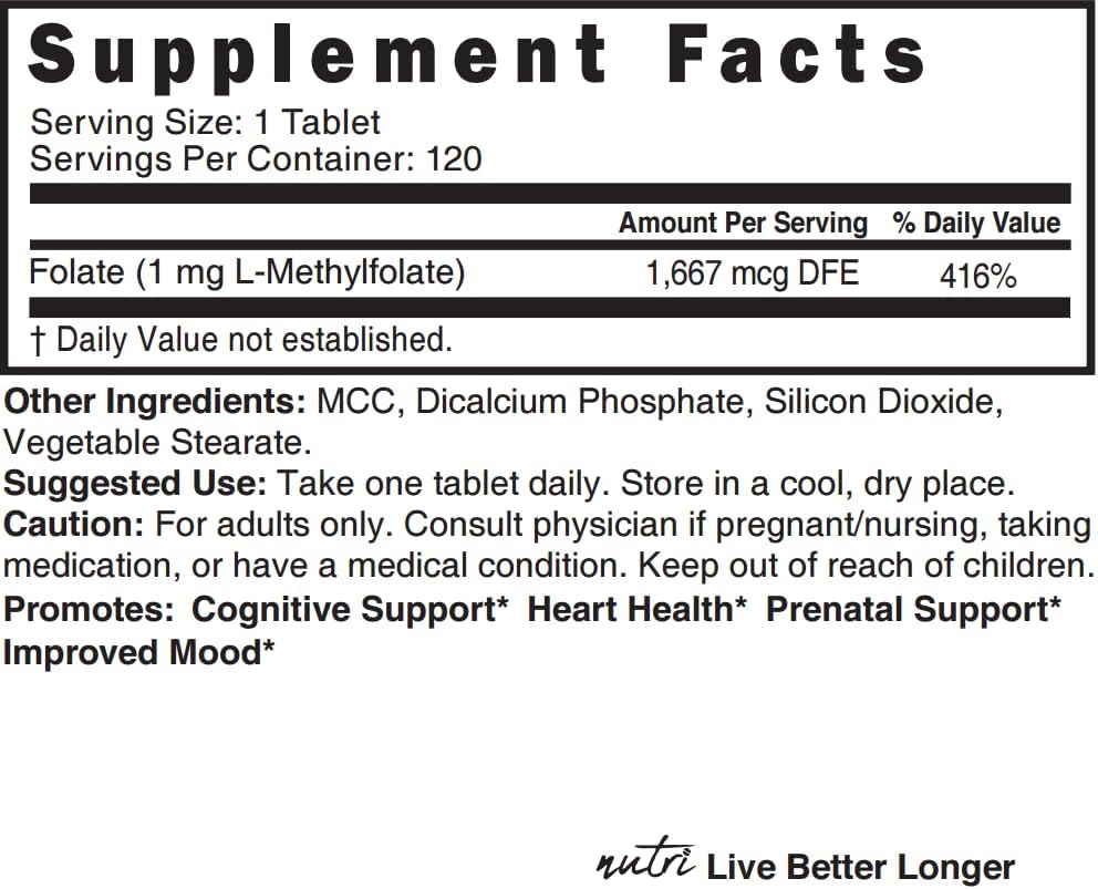 Nutri 5-MTHF L-Methylfolate 1 mg, 120 Vegan Tablets - görsel 5