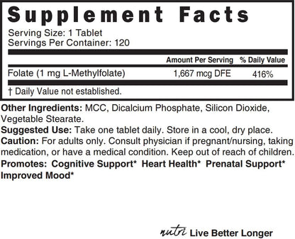 Nutri 5-MTHF L-Methylfolate 1 mg, 120 Vegan Tablets
