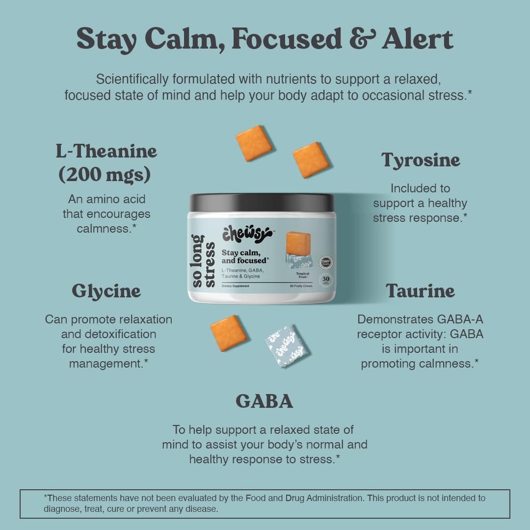 Chewsy So Long Stress - Calm Fruity Chews with L-Theanine, GABA, Glycine, Tyrosine, Taurine & Magnesium - Non-GM and Gluten-Free - Tropical Fruit Chews, 30-Day Supply - görsel 3