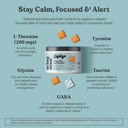 Chewsy So Long Stress - Calm Fruity Chews with L-Theanine, GABA, Glycine, Tyrosine, Taurine & Magnesium - Non-GM and Gluten-Free - Tropical Fruit Chews, 30-Day Supply
