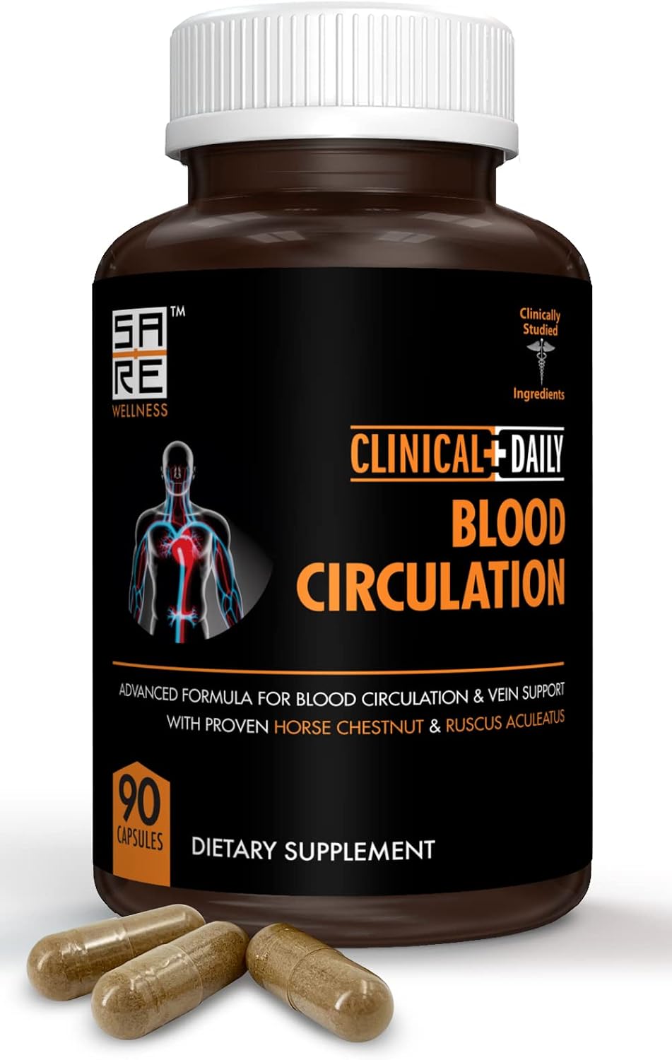 Clinical Daily Blood Circulation Supplement – Butcher's Broom, Horse Chestnut, Cayenne, L-Arginine, Diosmin – 90 Capsules - görsel 1