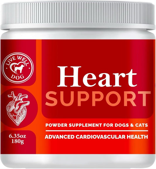 Live Well Dog Heart Health Powder for Dogs and Cats - Taurine, L-Carnitine, Hawthorn & Antioxidants - Cardiac & Circulation Support - 6.35 oz (180g)