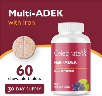Celebrate Vitamins Multi ADEK Chewables, 60mg Iron – Daily Bariatric Multivitamin for Duodenal Switch Patients – Grape (60 Chewable Tablets)