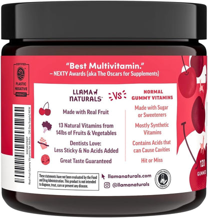 Llama Naturals Multivitamin for Women and Men, Vegan, Organic Gummies with Vitamin D, C and K, Real Fruit Gummy Vitamins, No Added Sugar, Cherry, 120 Gummies
