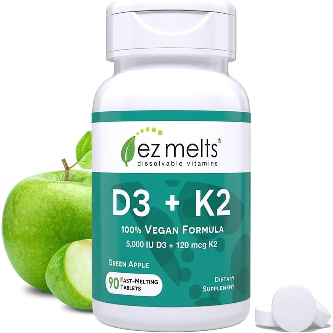 EZ Melts Dissolvable Vegan Vitamin D3 + K2 5,000 IU, Green Apple, 90 Tablets - görsel 1
