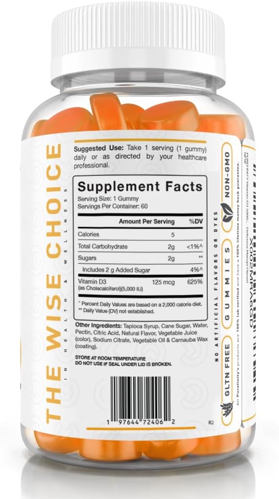 PUREFINITY Vitamin D3 5000 IU Gummies - Immune & Bone Health Support - 60 Veggie Gummies - görsel 4