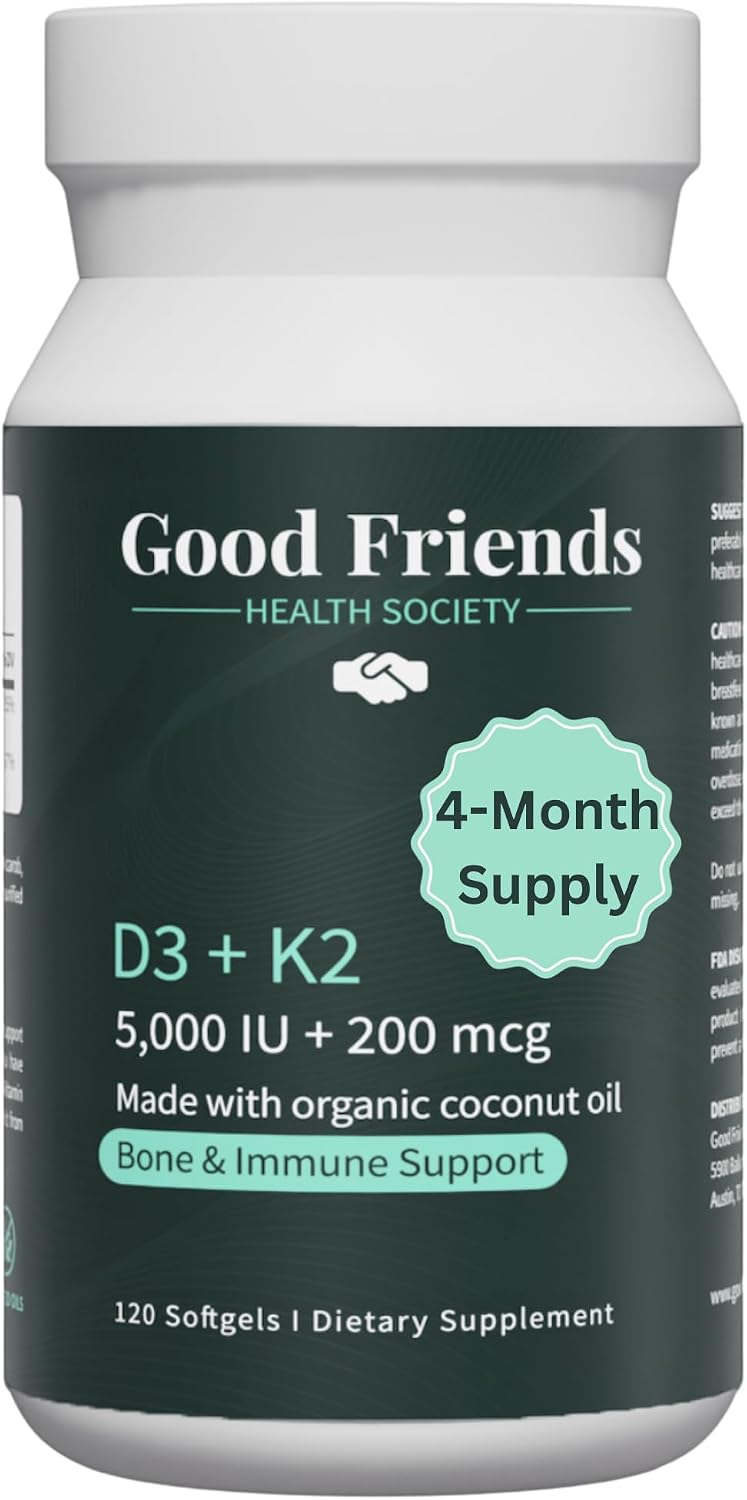 Good Friends Health - Vitamin D3 5000 IU + Vitamin K2 200 mcg - Bone and Immune Support - Organic Coconut Oil - 120 Soft gel capsules - görsel 1