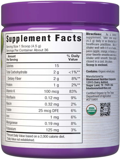 Bluebonnet Nutrition Super Earth Organic Wheatgrass Powder, 35 Servings, 5.6 oz (159 g)