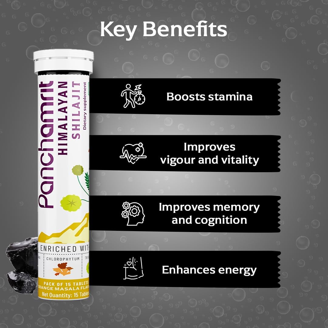 Panchamrit Himalayan Shilajit Effervescent – Traditionally Used to Support Stamina & Performance and Muscle Recovery – Enriched with Ashwagandha, Kaunch Beej, Safed Musli – 15 Tablets (Pack of 2) - görsel 4