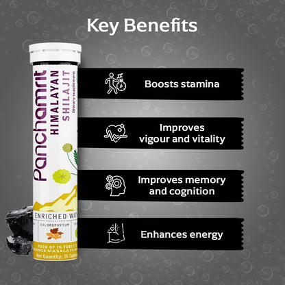 Panchamrit Himalayan Shilajit Effervescent – Traditionally Used to Support Stamina & Performance and Muscle Recovery – Enriched with Ashwagandha, Kaunch Beej, Safed Musli – 15 Tablets (Pack of 2)