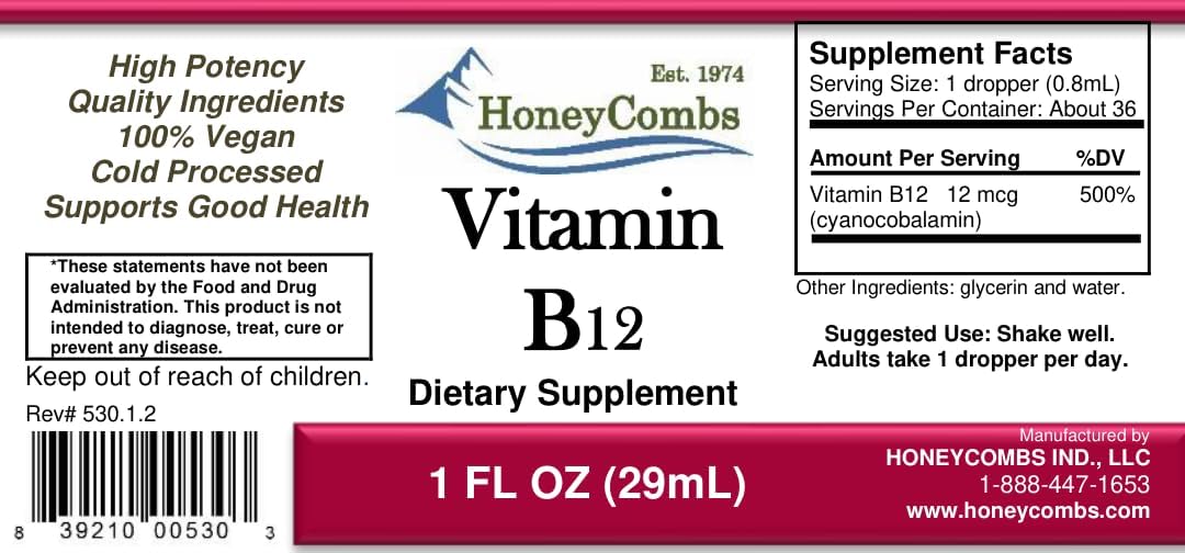 HoneyCombs Liquid Vitamin B12 Drops - Sublingual Cyanocobalamin Supplement - görsel 2