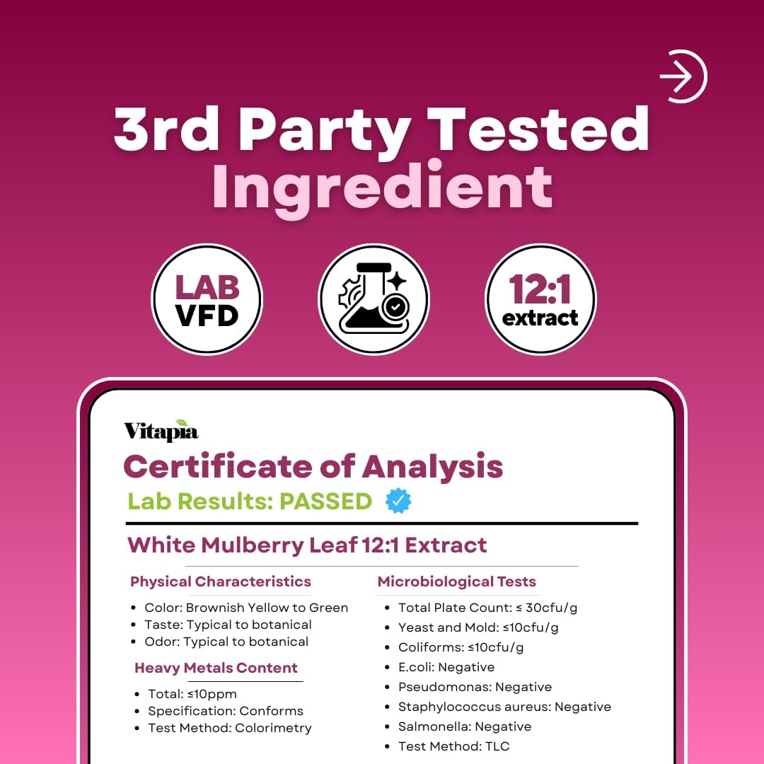 Vitapia White Mulberry Leaf Extract 1000mg – 12:1 Concentrated Food Supplement – 180 Vegan Capsules - görsel 4
