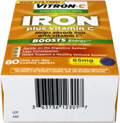 Vitron-C High Potency Iron Food Supplement with Vitamin C, 60 Coated Tablets, 65 mg Elemental Iron
