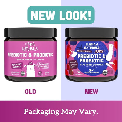 Llama Naturals Kids Probiotic with Prebiotic Fibre, Vegan, Organic Prebiotics and Probiotics Gummies for Gut Health Support, Toddler Real Fruit Gummy Vitamins, No Added Sugar, Mixed Berry, 60 Gummies
