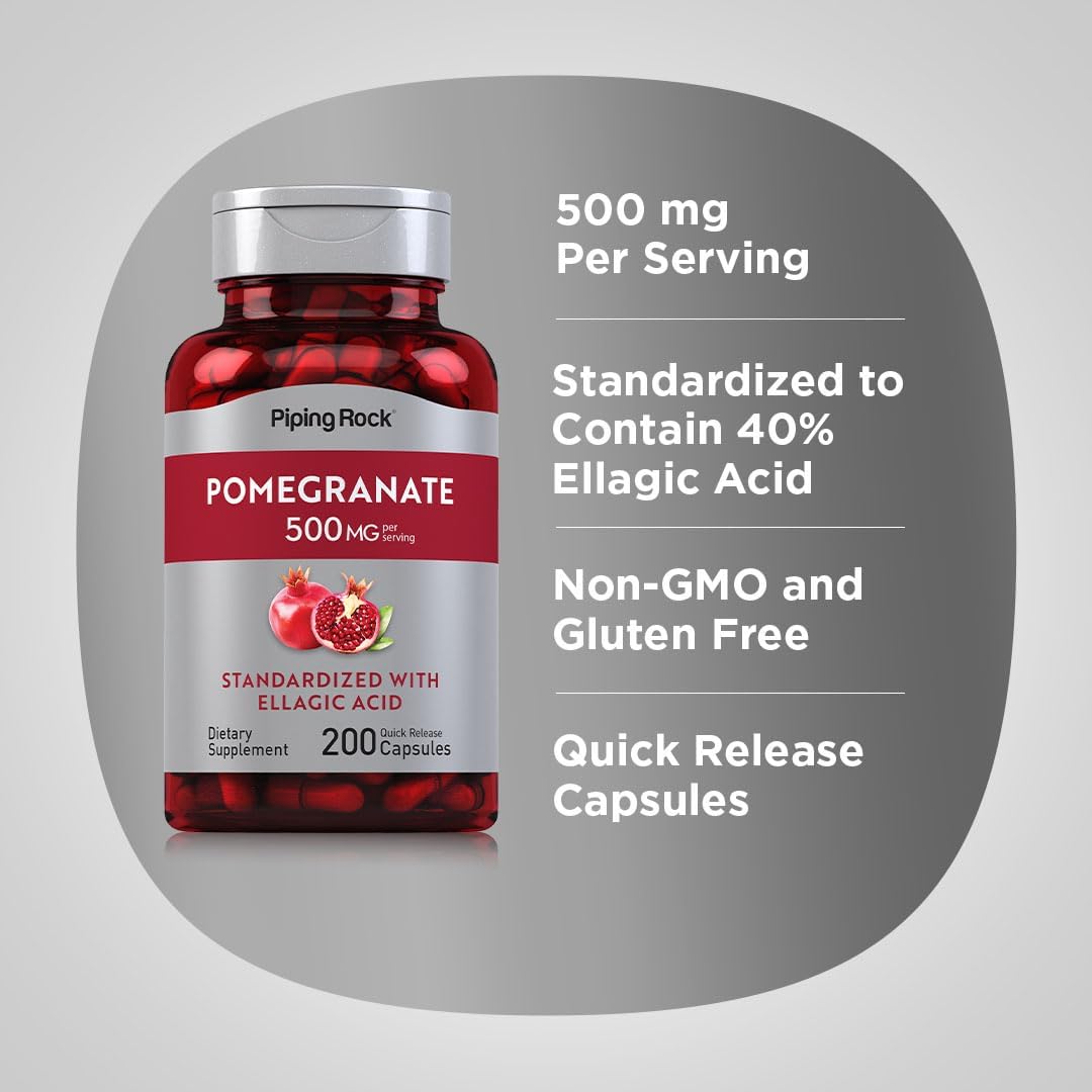 Piping Rock Pomegranate Extract Capsules | 500 mg | 200 Capsules | Standardised Formula with Ellagic Acid | Non-GMO and Gluten-free Food Supplement - görsel 4