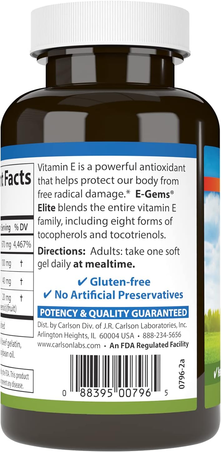 Carlson - E-Gems Elite, 1000 IU (670 mg) Vitamin E with Tocopherols and Tocotrienols, Optimal Wellness, 60 Soft Gel Capsules - görsel 3