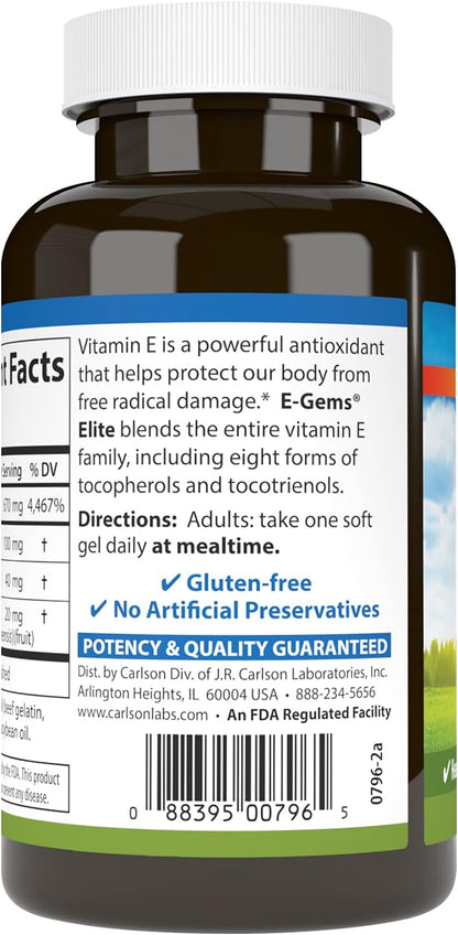 Carlson - E-Gems Elite, 1000 IU (670 mg) Vitamin E with Tocopherols and Tocotrienols, Optimal Wellness, 60 Soft Gel Capsules