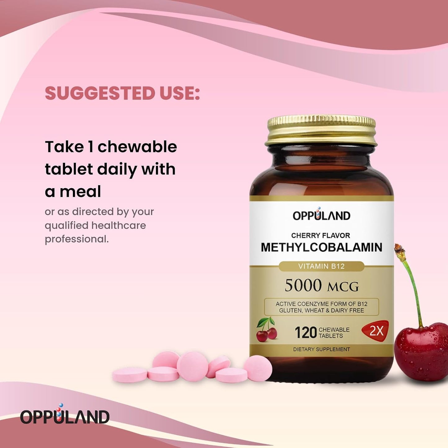 oppuland Methyl B-12 5000mcg Chewable with Folate - Vitamin B12 Methylcobalamin Sublingual Tablets - Supports Energy & Brain Function - Vegan Supplement - Cherry Flavour - 120 Count - görsel 2