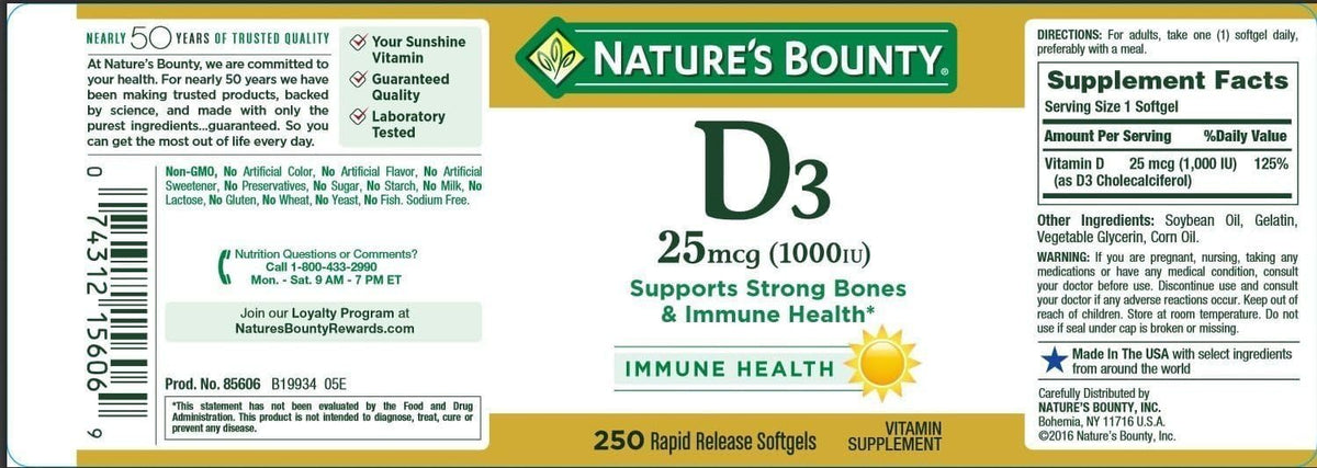 Nature's Bounty Vitamin D3 1000 IU, Rapid Release Soft Capsules, 250 Count (Pack of 2) - görsel 6