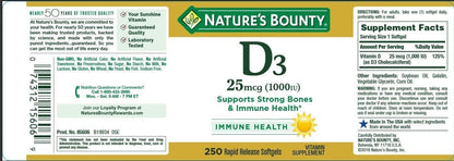 Nature's Bounty Vitamin D3 1000 IU, Rapid Release Soft Capsules, 250 Count (Pack of 2)