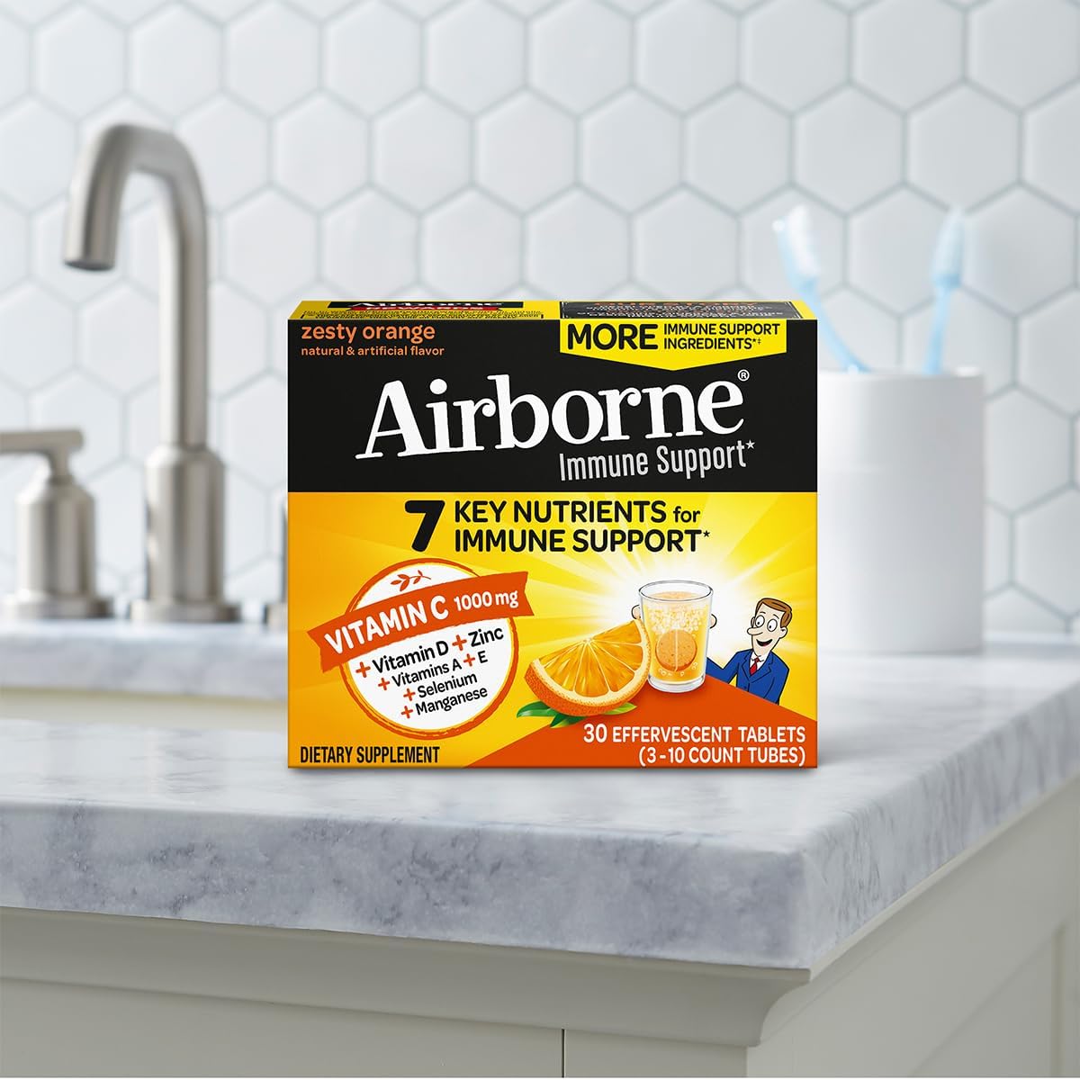 Airborne 1000mg Vitamin C + Zinc Sugar Free Immune Support Effervescent Tablets, Zesty Orange, 30 Tablets (3 Pack) - görsel 9