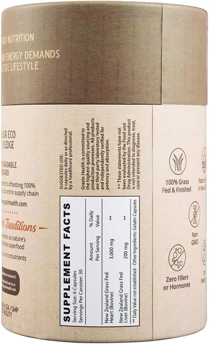 Grass-Fed Freeze-Dried Bovine Heart & Liver Capsules - 3000 mg per Serving - CoQ10, Iron, Zinc & B12 Supplement - görsel 3