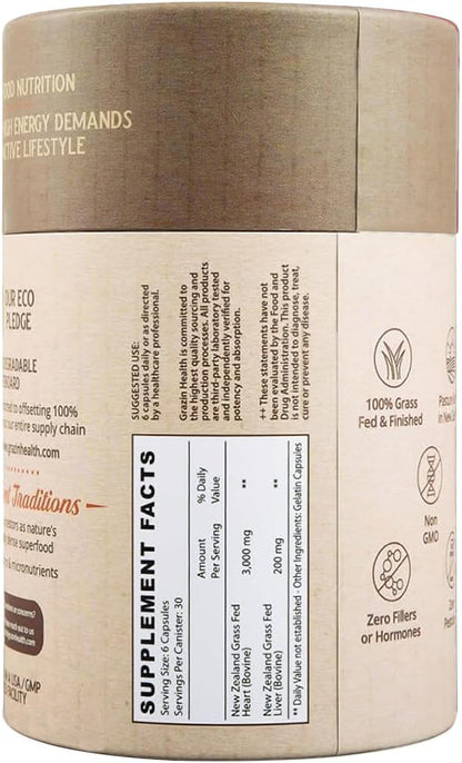 Grass-Fed Freeze-Dried Bovine Heart & Liver Capsules - 3000 mg per Serving - CoQ10, Iron, Zinc & B12 Supplement