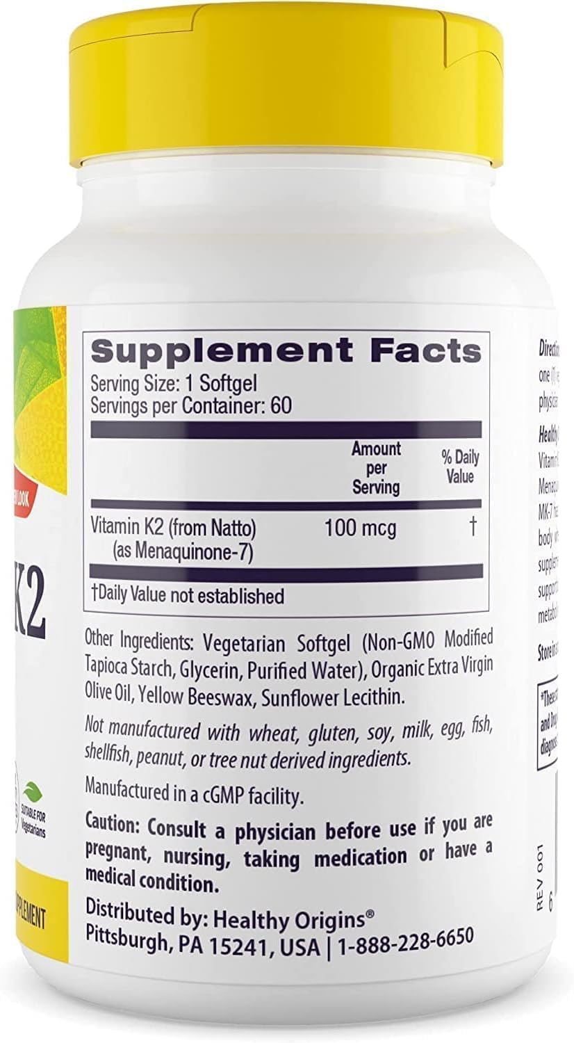 Healthy Origins Vitamin K2 100 mcg (MK-7) - Non-GMO, Gluten-Free, Supports Bone & Cardiovascular Health - 60 Veggie Capsules - görsel 2