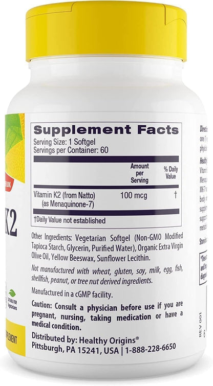 Healthy Origins Vitamin K2 100 mcg (MK-7) - Non-GMO, Gluten-Free, Supports Bone & Cardiovascular Health - 60 Veggie Capsules