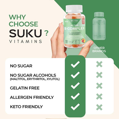 SUKU Vitamin B Complex Gummies with Vitamin C – Sugar Free Vegan 8 B Vitamins, Peach Flavour (50 Gummies)