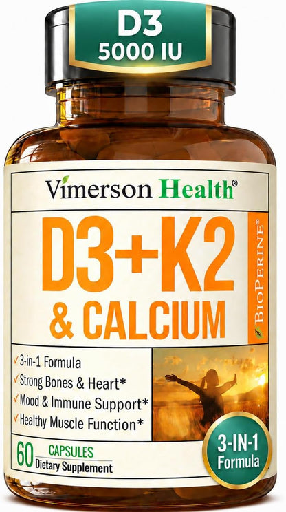 Vitamin D3 K2 Calcium Supplement – Bone, Muscle & Immune Support – 60 Capsules