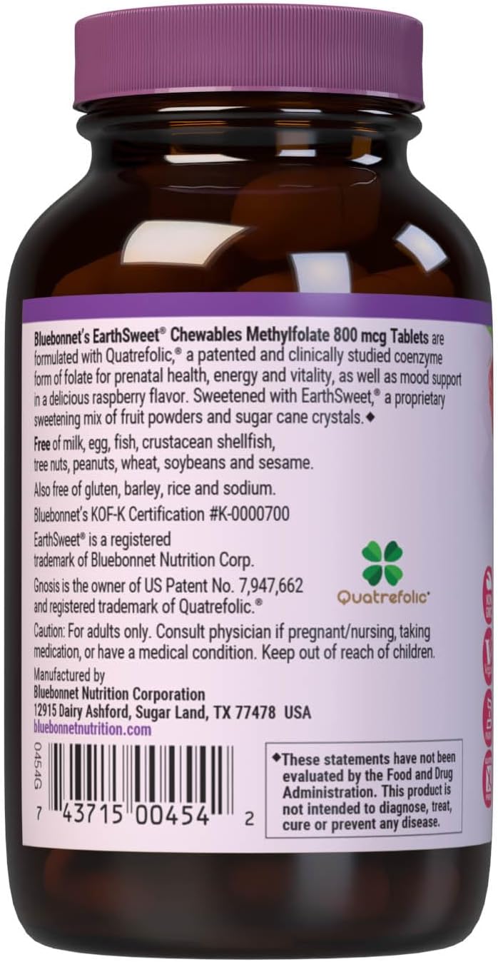 Bluebonnet EarthSweet Methylfolate 800 mcg Cellular Active Coenzyme 5-MTHF L-Methylfolate Supplement - Prenatal & Energy Support - Non-GMO, Vegan, Gluten-Free - Raspberry - 90 Chewable Tablets - görsel 3